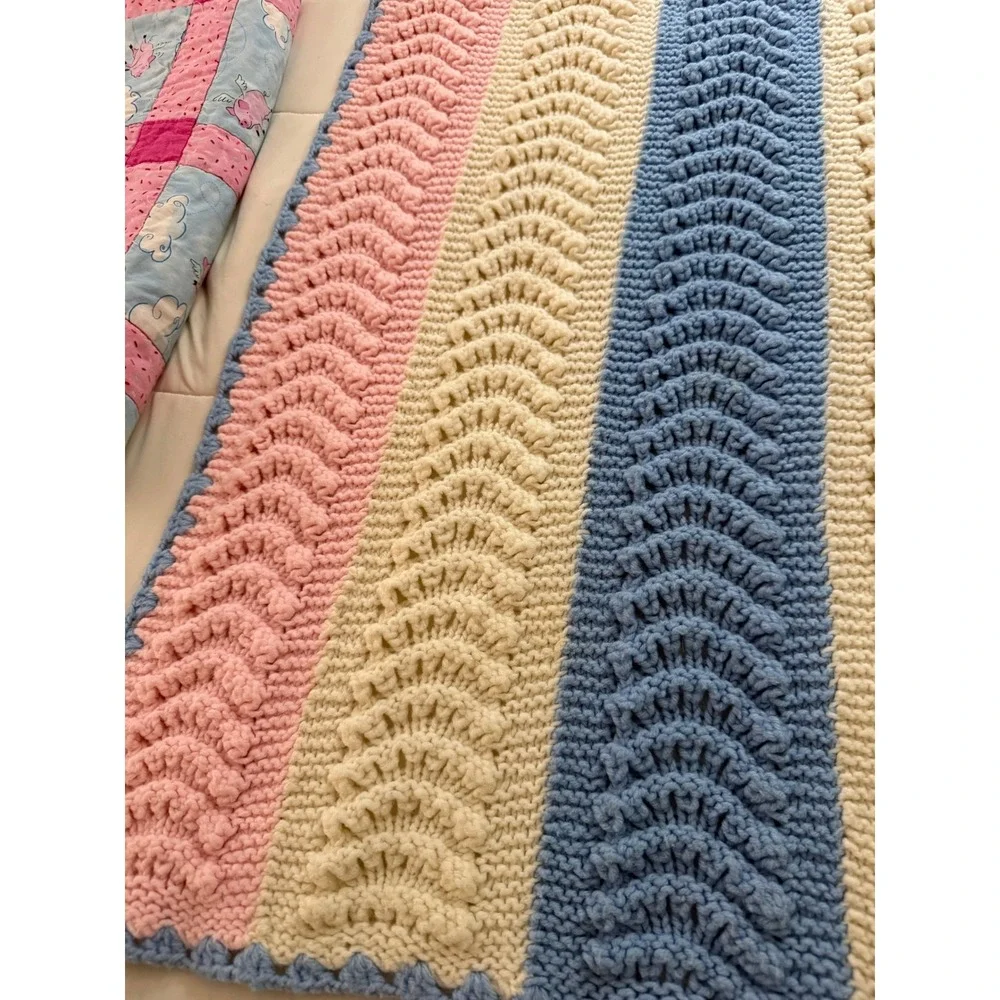 Handmade Baby Blanket Bundle Flying Pigs Quilt Crochet Chevron Pink Blue 3pc Set